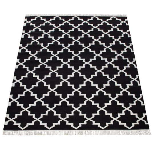 Luxurious Black Wool-Cotton Indoor Rug