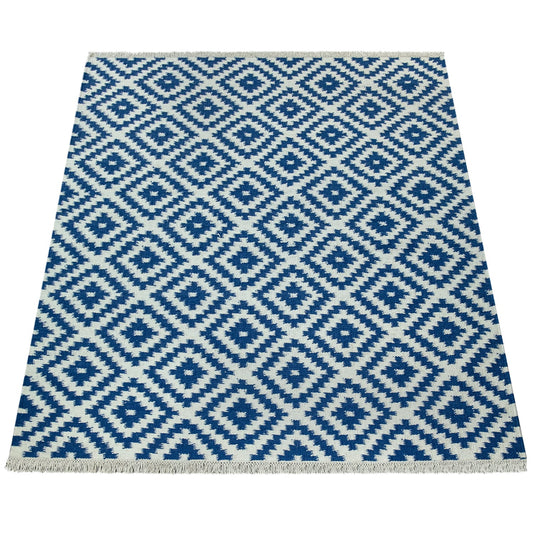 Handmade Blue-White Wool Cotton Indoor Rug